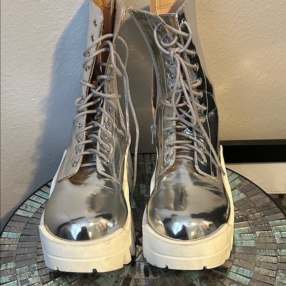 Shiny Silver Combat Boots - Picture 2 of 2